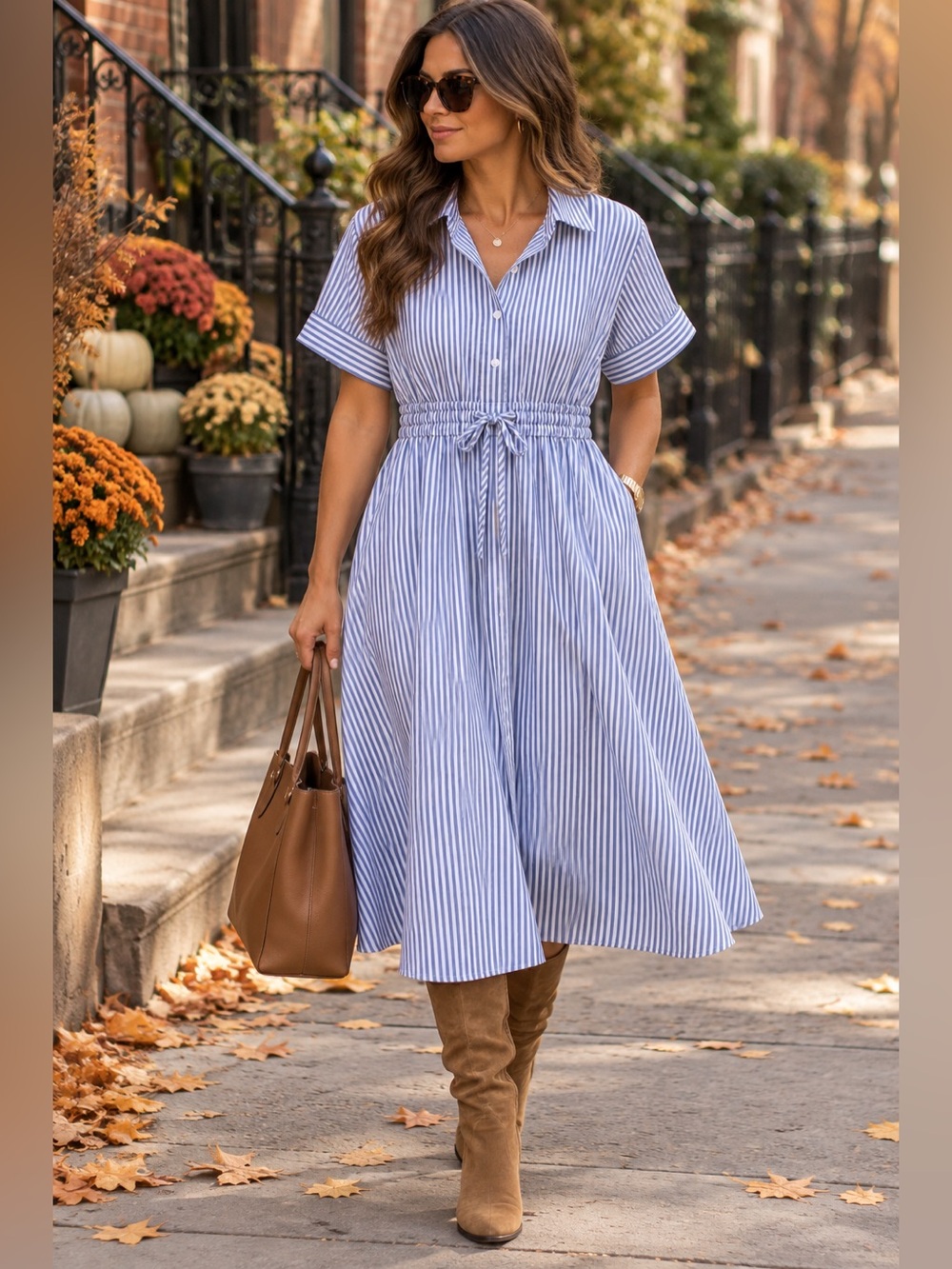 NWOT. Blue Striped Collared Shirt Dress with Drawstring Waist. XL